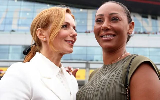 Mel B and Geri Horner walk on the grid before the F1 Grand Prix of Great Britain at Silverstone