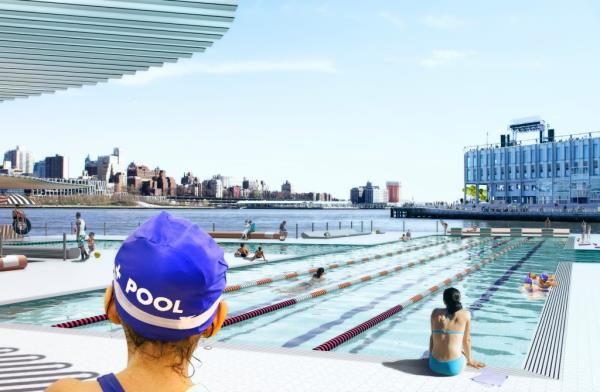 Rendering of futuristic + POOL floating in the East River off Pier 35, designed by PlayLab and Family New York, with people swimming.