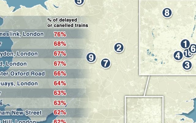 Map showing locations of UK's worst train stations for delays