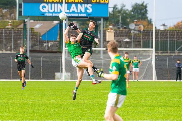 ALL THE ATTRIBUTES: Mercy Mounthawk's Rob Monahan gets a little air time at the start of the 2022 O'Sullivan Cup Schools Final in Fitzgerald's Stadium, Killarney. Pic: Alan Landers.